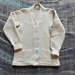 Vintage 60's Sulco Knitting Mills Boston White Wool Knit Cardigan Sweater Sz M